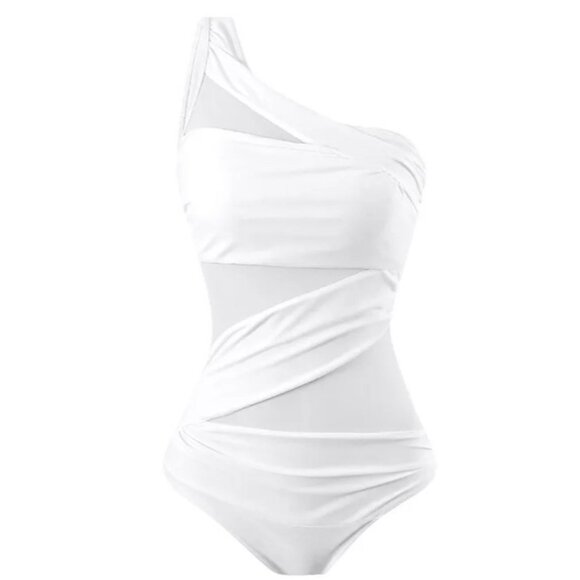 Runtlly Women’s One Shoulder White Mesh Swimsuit Small Asymmetrical Cutout - Picture 1 of 5